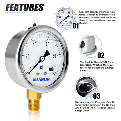 MEANLIN MEASURE 2pcs 0~100Psi Stainless Steel 1/4" NPT 2.5" Single Scale FACE DIAL,Glycerin Filled Pressure Gauge, Lower Mount with 1/4" x 1/2" NPT and 1/4" x 3/8" NPT Hex Bushing