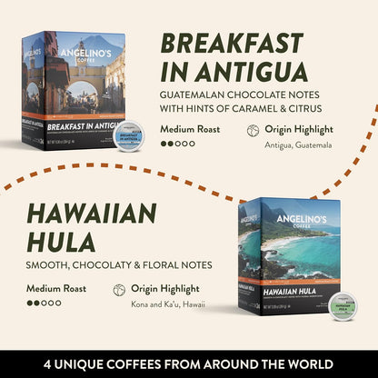 Angelino's Coffee Reserve Collection Coffee Pods Variety Pack, Medium & Dark Roast Coffee K Cups Compatible, 96 Count for Keurig Brewers, Includes Breakfast in Antigua, Hawaiian Hula, Mad Professor, and Espresso