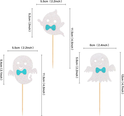 24Pcs Ghost Cupcake Toppers - Bule Halloween, Bule and White Halloween Birthday Decorations, Bule Halloween Baby Shower Decor, Ghost Decorations, Halloween Gender Reveal Decorations