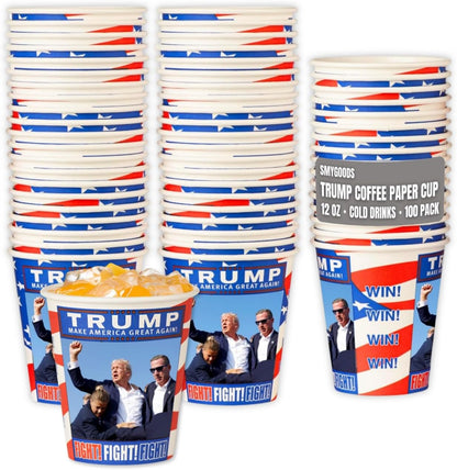 Smygoods Trump Design Disposable Paper Coffee Cups (12 OZ, 100 Count) For Hot Beverages, Tea, Espresso, Cocoa - To Go Drink Containers, Café & Office