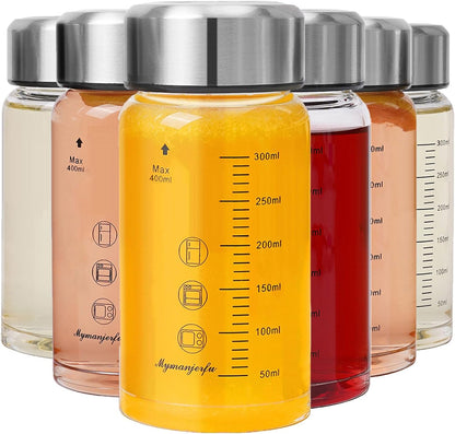 Glass Juice Bottles 6 Pack 12 oz - Wide Mouth Glass Water Bottles with Lids - for Juicing, Smoothies, Milk, Protein, BPA Free, Reusable, Stainless Steel Lids, Leak Proof, Shaker bottle (12oz/400ml)