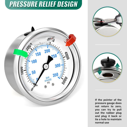 0-5000psi Stainless Steel Glycerin Liquid Filled Pressure Gauge 1/4" NPT 2.5" Face Dial Center Back Mount, for Water, Oil and Air Pressure Testing (with Range Mark Pointer)
