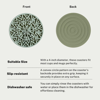 Set of 6 Olive Green Silicone Coasters with Holder, Drink Coasters with Tribal Pattern Shape- for Table Protection, Anti Slip, Nonstick, Heat Resistant, Deep Tray