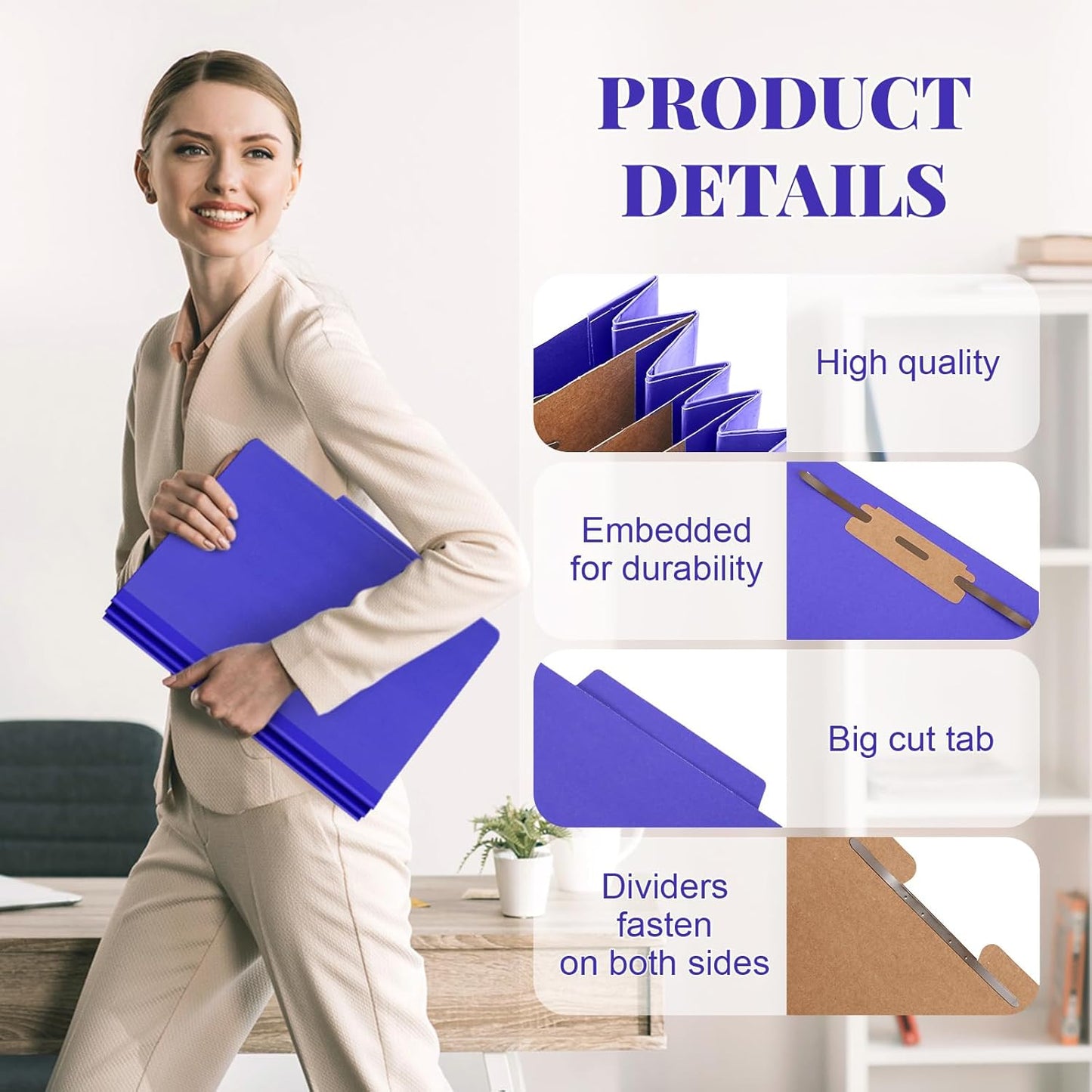 48 Pcs Classification Folders Letter Size, Back to School Supply for Teacher, Student, 3 Dividers Pressboard File Folder Bulk with 2 Fasteners, 3.5 Inch Expanding File Organizer (Purple)