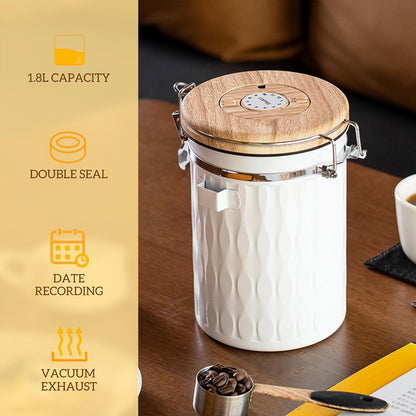 TEDSWAIT Coffee Container with Sealed Cantilever Lid and Scoop, Airtight Stainless Steel Kitchen Food Storage Canister with Date Tracker, 1.8L(White)