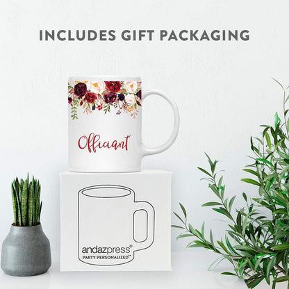 Andaz Press 11oz. Wedding Ceramic Coffee Tea Mug Gift, Fall Autumn Marsala Burgundy Flowers Roses Florals, Officiant, 1-Pack, Includes Gift Box