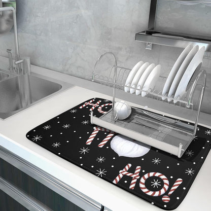 Christmas Santa Laugh Dish Drying Mat Winter Snowflakes Black Dish Drainer Mats Xmas Candy Cane Stick Sweet Dish Dry Pad for Kitchen Countertop Coffee Bar 18x24 inch Large