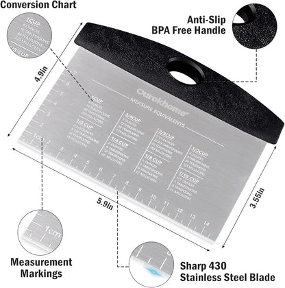 Ourokhome Dough Pastry Bench Cutter Scraper, Stainless Steel Pizza Cutter for Kitchen Baking, Dishwasher Safe, Anti-Wear Laser-Engraved Measuring Scale and Conversion Chart, 2 Pack, Black and Red