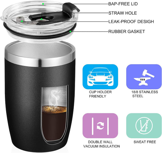 VEGOND Stainless Steel 12 oz Tumblers bulk Vacuum Insulated Double Wall Travel Tumbler with Lid and Straw Reusable Tumbler, Black 6 pack