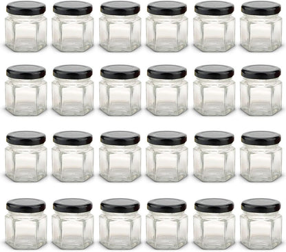 1.5 oz Hexagon Mini Glass Jars with BLACK Lids and Labels (Pack of 24)