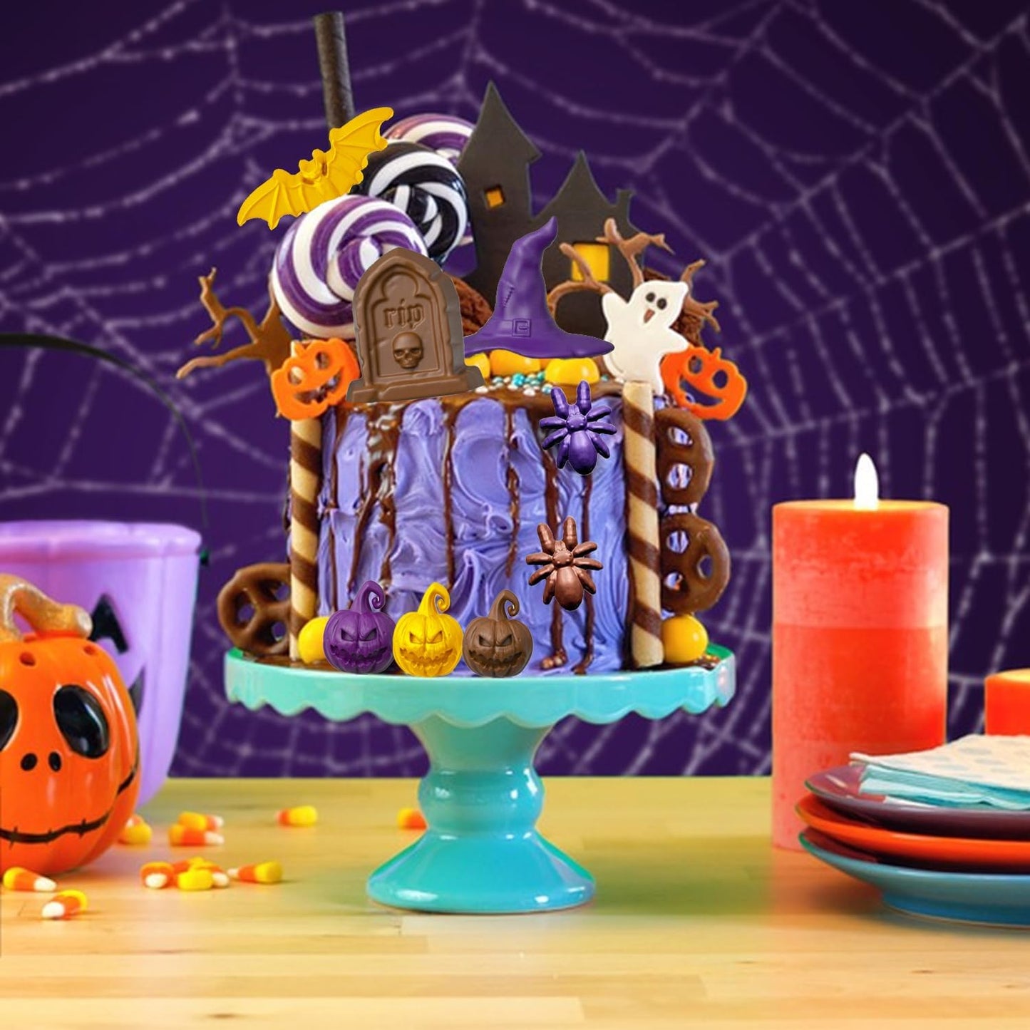 Halloween Chocolate Mold Silicone,30 Cavity Candy Gummy Mold with Pumpkin Wizard Hat Bat Spider Tombstone for Baking Chocolate Jelly Gummy Dessert