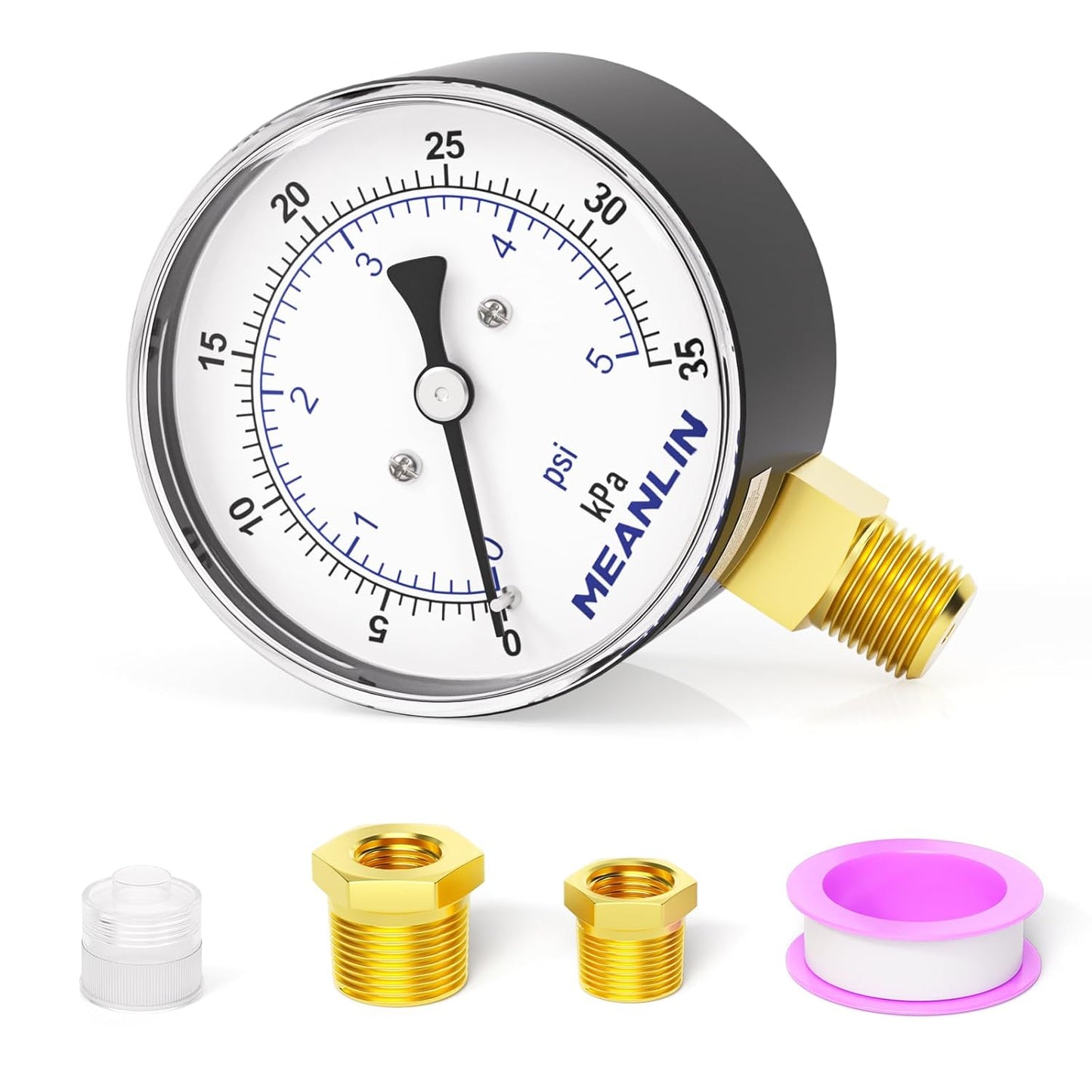 MEANLIN MEASURE 0-5Psi Diaphragm Type Capsule Low-Pressure Gauge, Water Column Gauge, 2.6" Dial, 1/4" NPT, Rear Adjustable Knob, with 1/2" NPT and 3/8" NPT Hex Bushing, Lower Mount