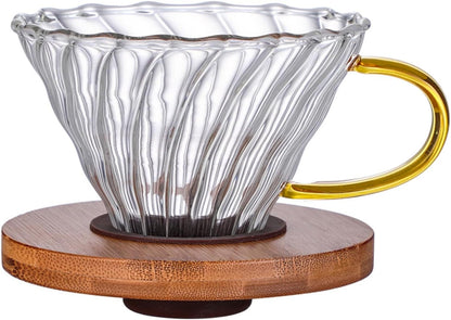 Gute Glass Coffee Dripper/Filter - Cone Glass Pour Over Coffee Dripper with Bamboo Stand & Handle, 1-4 Cups Drip Coffee Maker Funnel Accessories for Home, Office