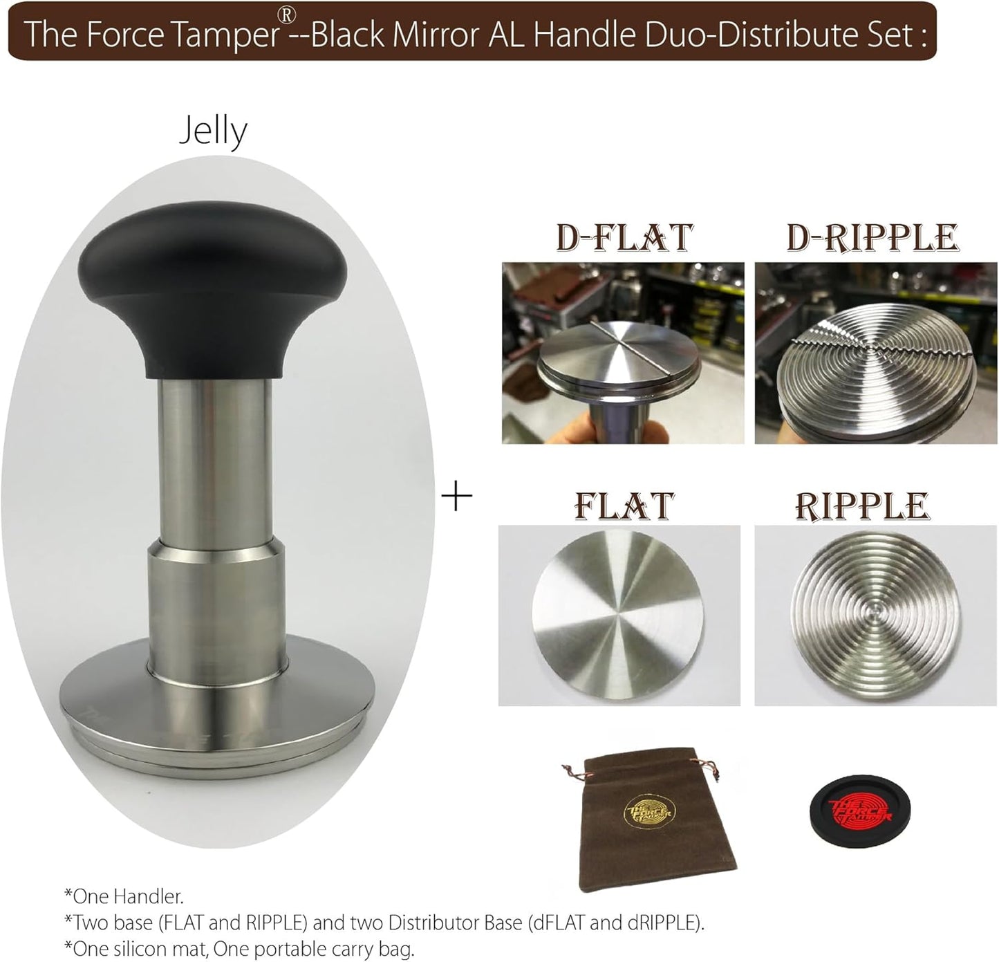 The Force Tamper Automatic Impact Coffee Tamper Adjustable Const Pressure and Autoleveling Duo-Distribute Set New (Jelly-Black Mirror AL, 58.35mm)