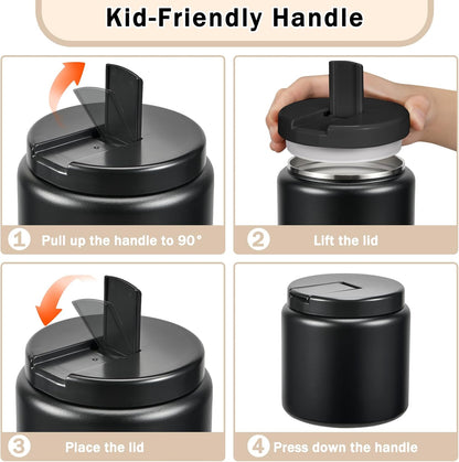 26oz Kids Thermos for Hot Food, Insulated Vacuum Food Jar with Buckle Lid, Stainless Steel Wide Mouth Leak Proof Insulated Lunch Container for School Picnic Travel, Black