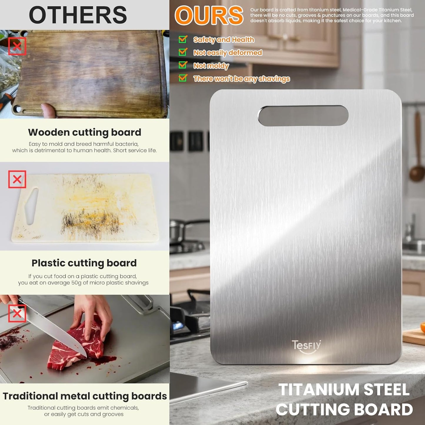 2 Pack Titanium Cutting Board- 100% Pure Titanium Cutting Boards For Kitche,Easy to clean,Double-sided food-grade Cutting Board For Cutting Meats, Fruits And Vegetables,M + L