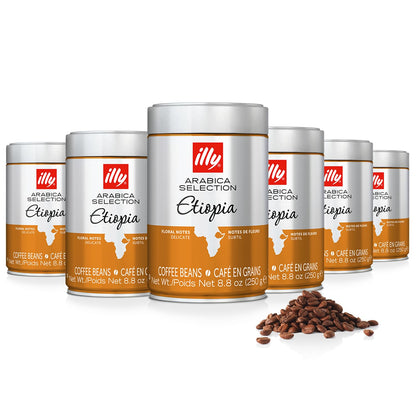 illy Arabica Selections, Ethiopia Whole Bean Coffee, 100% Arabica, Single Origin, Light Roast with Notes of Jasmine, All-Natural, No Preservatives, 8.8 Ounce Can (Pack of 6)