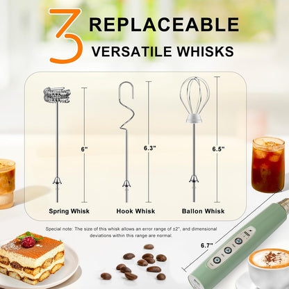 YUSWKO Granite Green Handheld Milk Frother Wand for Coffee, Rechargeable Electric Whisk with 3 Heads 3 Speeds Drink Mixer Coffee Frother For Latte, Cappuccino, Hot Chocolate, Egg
