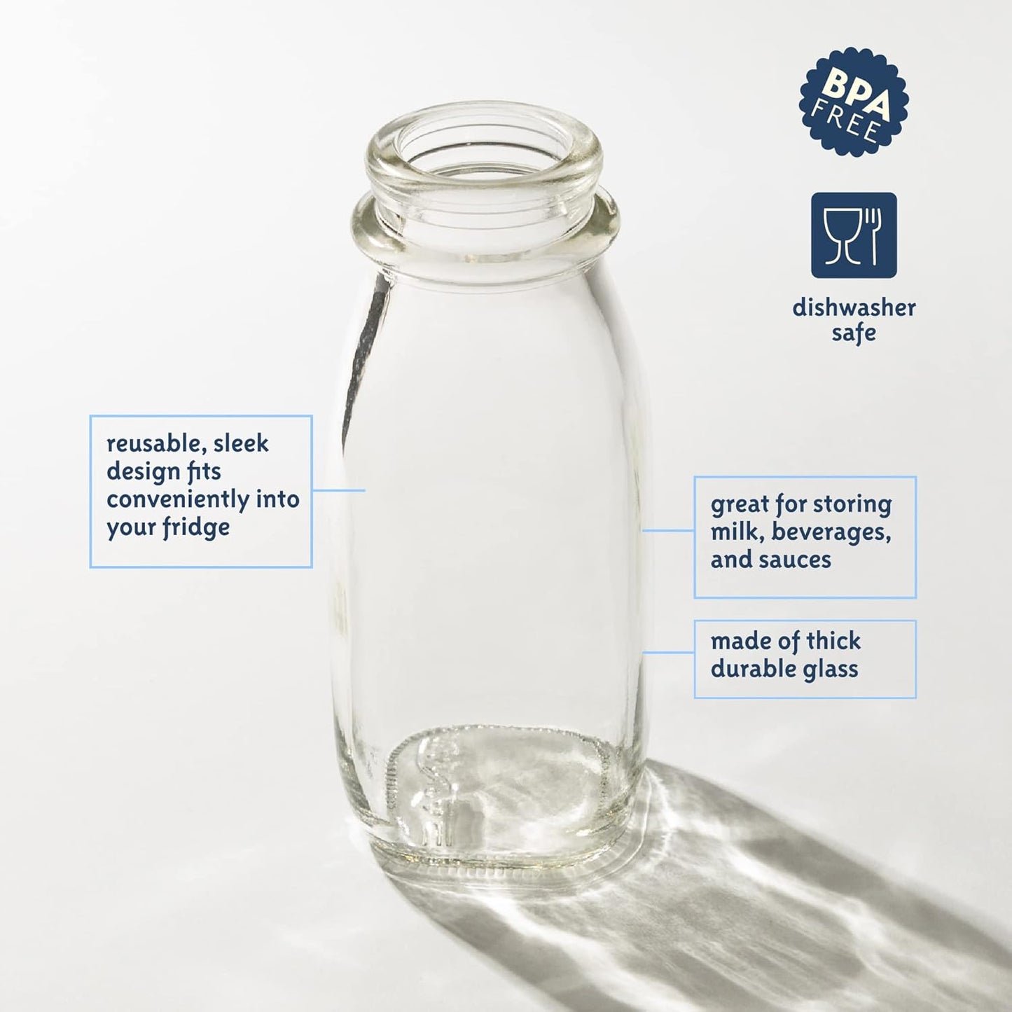 kitchentoolz 12 Oz Square Glass Milk Jugs with Caps - Perfect Milk Container for Refrigerator - 12 Ounce Glass Milk Bottle with Tamper Proof Lid and Pour Spout - Pack of 2
