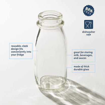kitchentoolz 12 Oz Square Glass Milk Jugs with Caps - Perfect Milk Container for Refrigerator - 12 Ounce Glass Milk Bottle with Tamper Proof Lid and Pour Spout - Pack of 2