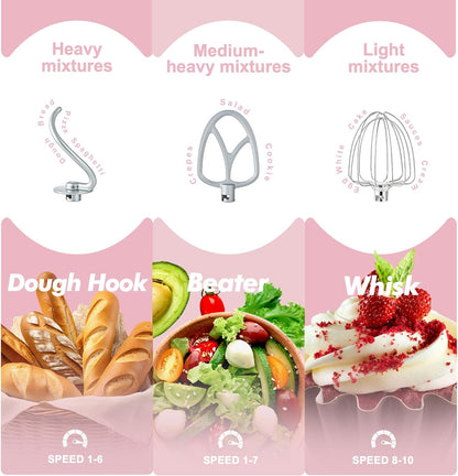 Kitchen in the box Stand Mixer, 4.5QT+5QT Two bowls Electric Food Mixer, 10 Speeds 3-IN-1 Kitchen Mixer for Daily Use with Egg Whisk,Dough Hook,Flat Beater (Rose Pink, 5QT)