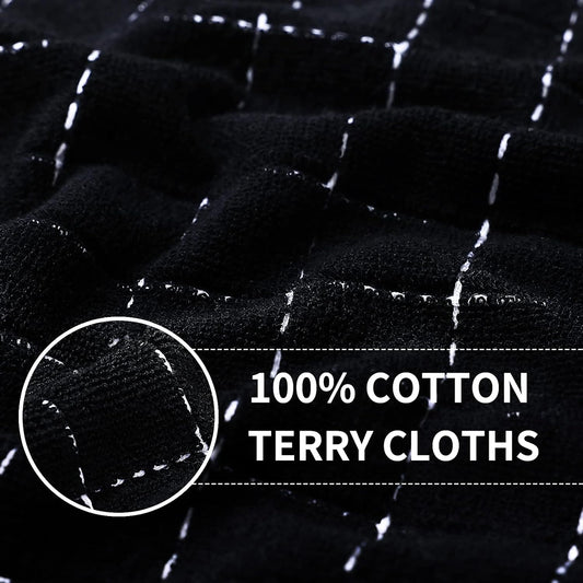 Homaxy 100% Cotton Terry Kitchen Towels(Black, 13 x 28 inches), Checkered Designed, Soft and Super Absorbent Dish Towels, 12 Pack