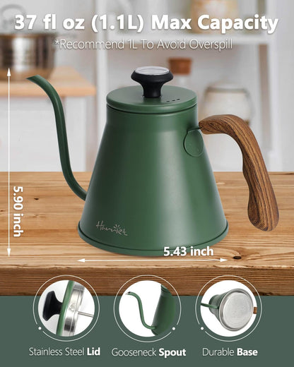 Harriet Gooseneck Kettle with Thermometer for Pour Over Coffee and Tea, 37 fl oz, Stainless Steel, Durable 3-Layer Base, Ideal Spout for Precision Pouring, Compatible with all Stove Tops, Green