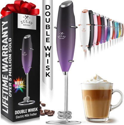 Zulay Kitchen Powerful Double Whisk Milk Frother Handheld - Foam Maker With Stand - Whisk Drink Mixer for Coffee, Mini Foamer for Latte, Matcha, Frappe, Hot Chocolate & Cappuccino (Galaxy)