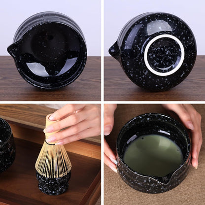 Japanese Matcha Whisk Set - 7-Piece Kit Bamboo Chasen, Ceramic Bowl with Spout, Stainless Steel Sifter & Holder Black