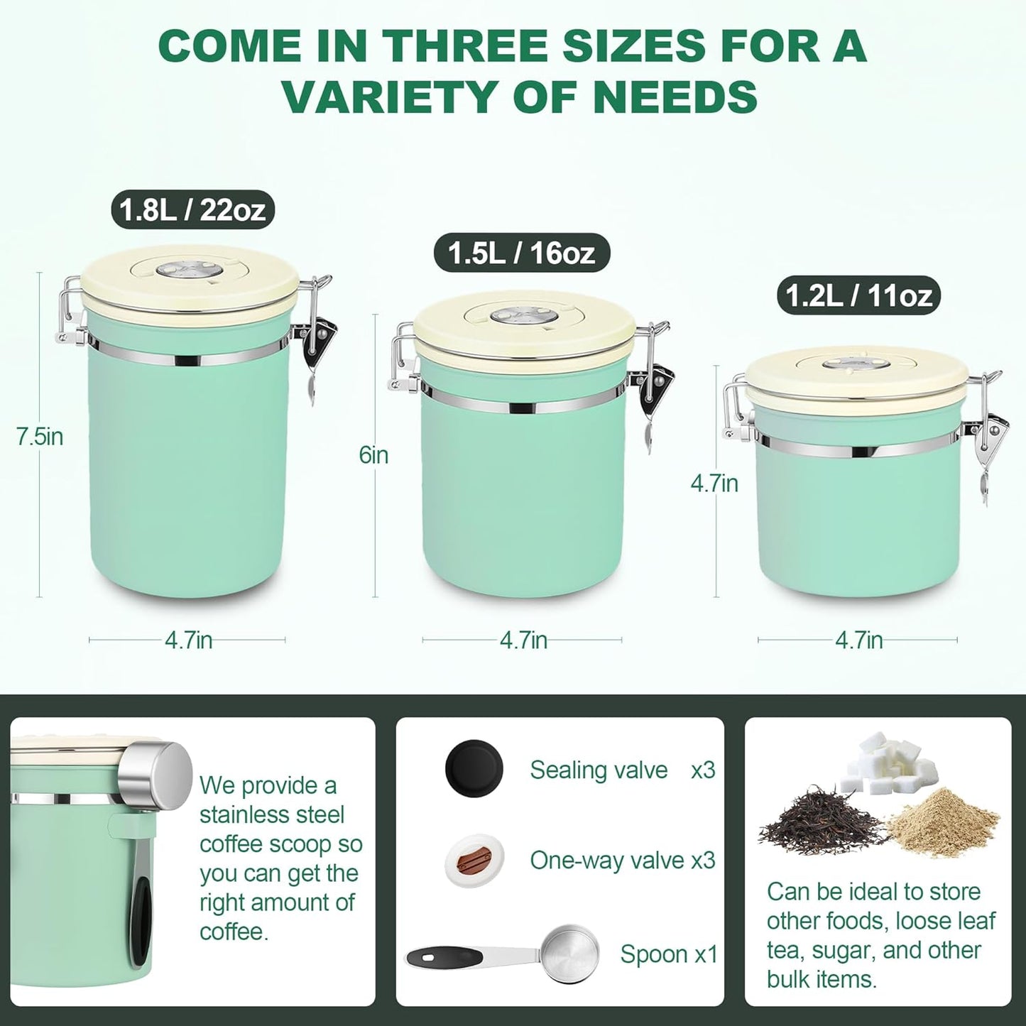 ShanSon Coffee Canister Airtight Coffee Container Stainless Steel Coffee Bean Storage Container with Scoop Coffee Canister for Beans Grounds Sugar Flour Tea Cereal,22OZ,Green