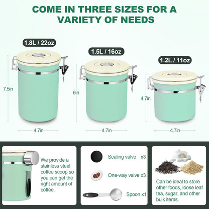 ShanSon Coffee Canister Airtight Coffee Container Stainless Steel Coffee Bean Storage Container with Scoop Coffee Canister for Beans Grounds Sugar Flour Tea Cereal,22OZ,Green