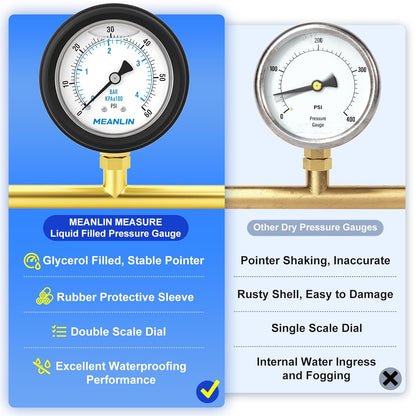 MEANLIN MEASURE 0~60Psi Stainless Steel Liquid Filled Pressure Gauge 1/4" NPT 2.5" FACE DIAL with Rubber Protective Sleeve, Lower Mount