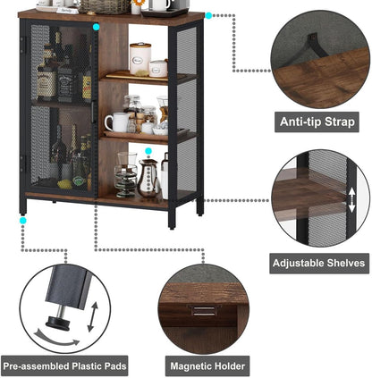 BON AUGURE Coffee Bar Cabinet for Home Liquor, Small Storage Cabinet for Kitchen and Entryway, Farmhouse Industrial Buffet Sideboard Credenza with Adjustable Shelves (Rustic Oak)