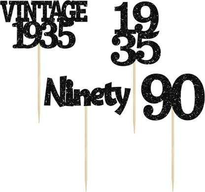 Gyufise 24Pcs Vintage 1935 Cupcake Toppers Glitter Cheers to 90 Fabulous Ninety Cupcake Picks 90th Birthday Wedding Anniversary Party Cake Decorations Supplies Black