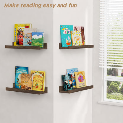 Forbena Wooden Floating Shelves with Lip for Wall, Dark Brown Picture Ledge Shelf for Books Photo Framses, Rustic Farmhouse Hanging Wall Shelves for Bedroom Office Kitchen (Set of 4, Solid Wood)