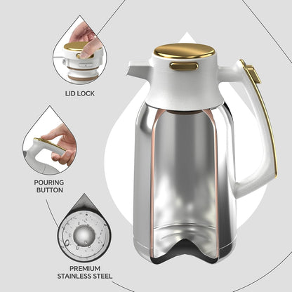 IDEUS Thermal Coffee Carafe 68oz (2,000ml), Stainless Steel Double Wall Insulated Vacuum Flask, Water Jug Coffee Server and Beverage Dispenser, Heat and Cold Retention (White-Gold, 68oz (2,000ml))