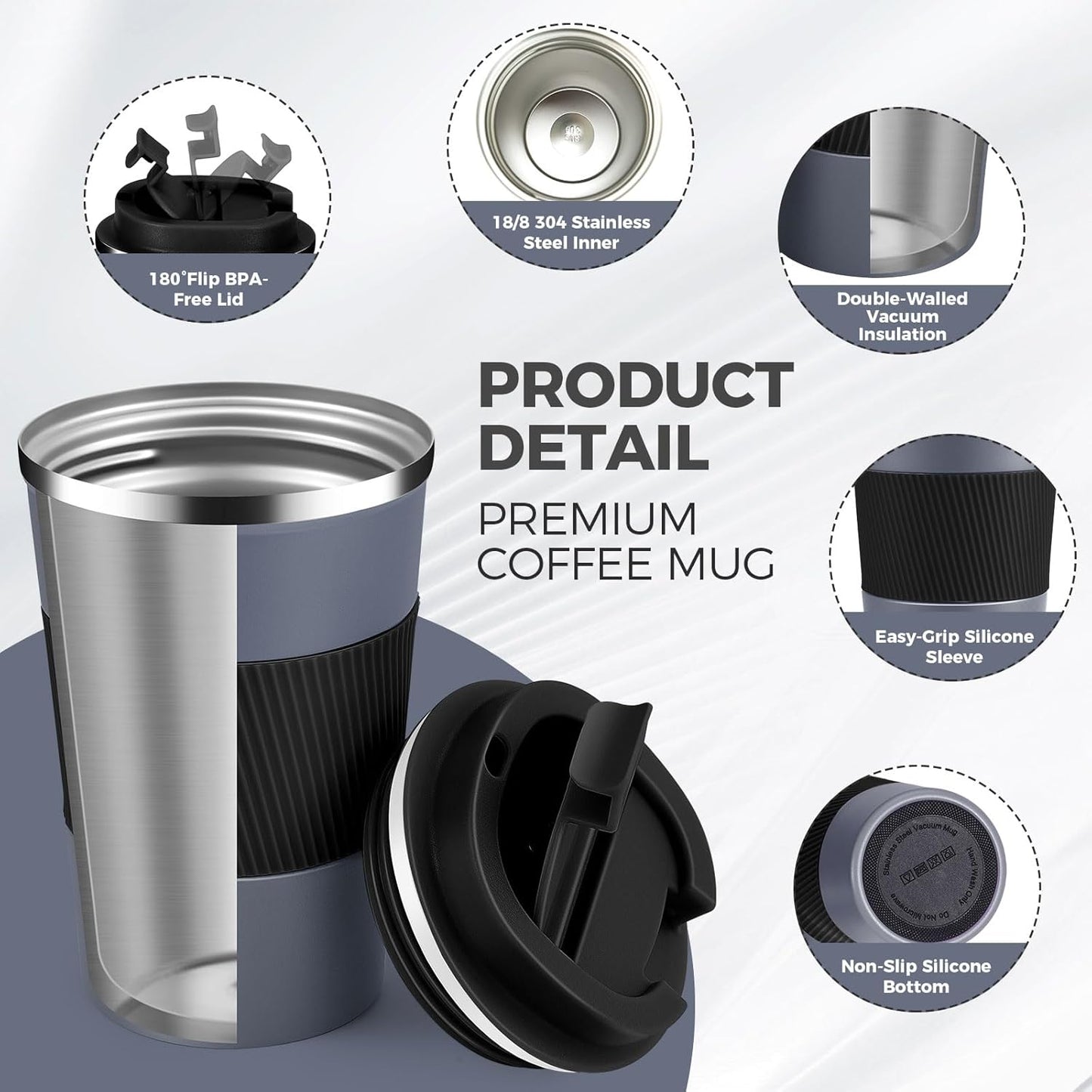 Volhoply 13 oz Stainless Steel Insulated Travel Coffee Mug with Fip Lid Bulk 8 Pack,Reusable Double Wall Vacuum Metal Coffee Cup,Portable Leak Proof Thermal Tumbler for Hot & Cold Drinks(Gray,8)