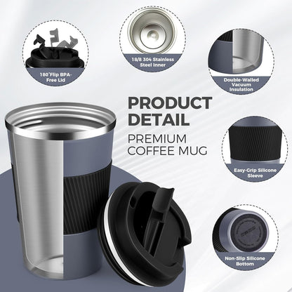 Volhoply 13 oz Stainless Steel Insulated Travel Coffee Mug with Fip Lid Bulk 8 Pack,Reusable Double Wall Vacuum Metal Coffee Cup,Portable Leak Proof Thermal Tumbler for Hot & Cold Drinks(Gray,8)