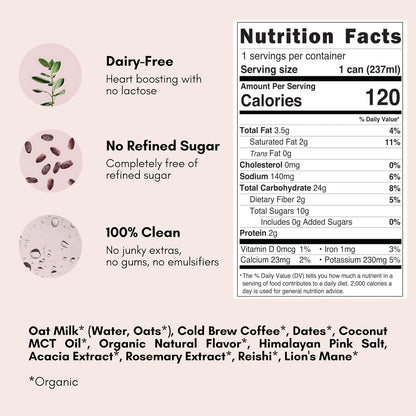 Pop & Bottle, Oat Milk Lattes - Cold Brew with Lions Mane & Reishi, MCT Oil, Single Shot Cold Brew, Mushrooms, Organic, Dairy Free, Gluten Free, Great as Iced Coffee, Lightly Sweetened with Dates - Caramel, 8 Fl Oz (12 Pack)