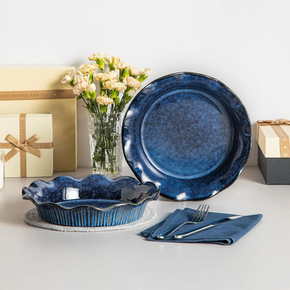 vancasso Stern Ceramic Pie Pan, 9 inch Pie Pans with Ruffled Edge, Deep Pie Dishes for Baking, Round Pie Plates for Apple, Quiche, Pot Pies, Tart, Oven & Dishwasher Safe, Set of 2, Blue