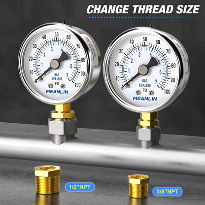 MEANLIN MEASURE 0~100Psi Dry Pressure Gauge Stainless Steel 1/4" NPT 2" FACE DIAL Waterproof for Well Pump Water Tire Water Pressure Tester Lower Mount, with 1/2" NPT and 3/8" NPT Hex Bushing