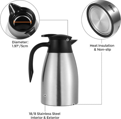 Tiken 51 Oz Thermal Coffee Carafe, Stainless Steel Insulated Vacuum Coffee Carafes For Keeping Hot, 1.5 Liter Beverage Dispenser (Silver)