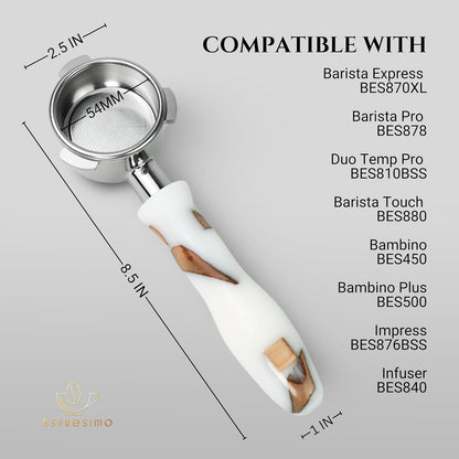 54mm Bottomless Portafilter Modern Handle – Includes Stainless Steel Naked Basket – Fits Breville Barista Express & 54mm Breville Espresso Machines - Espresso Machine Accessories – White