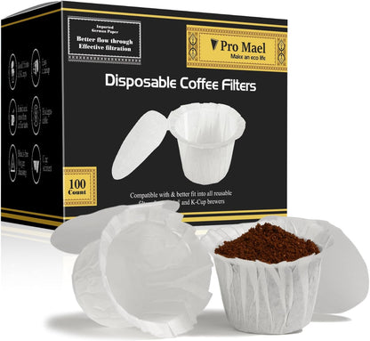 Pro Mael Disposable K Cup Filters with Lid, Coffee Filter Paper for Keurig Brewers Single Serve 1.0 and 2.0, Use with Reusable K Cup Pods, White (100-Count)
