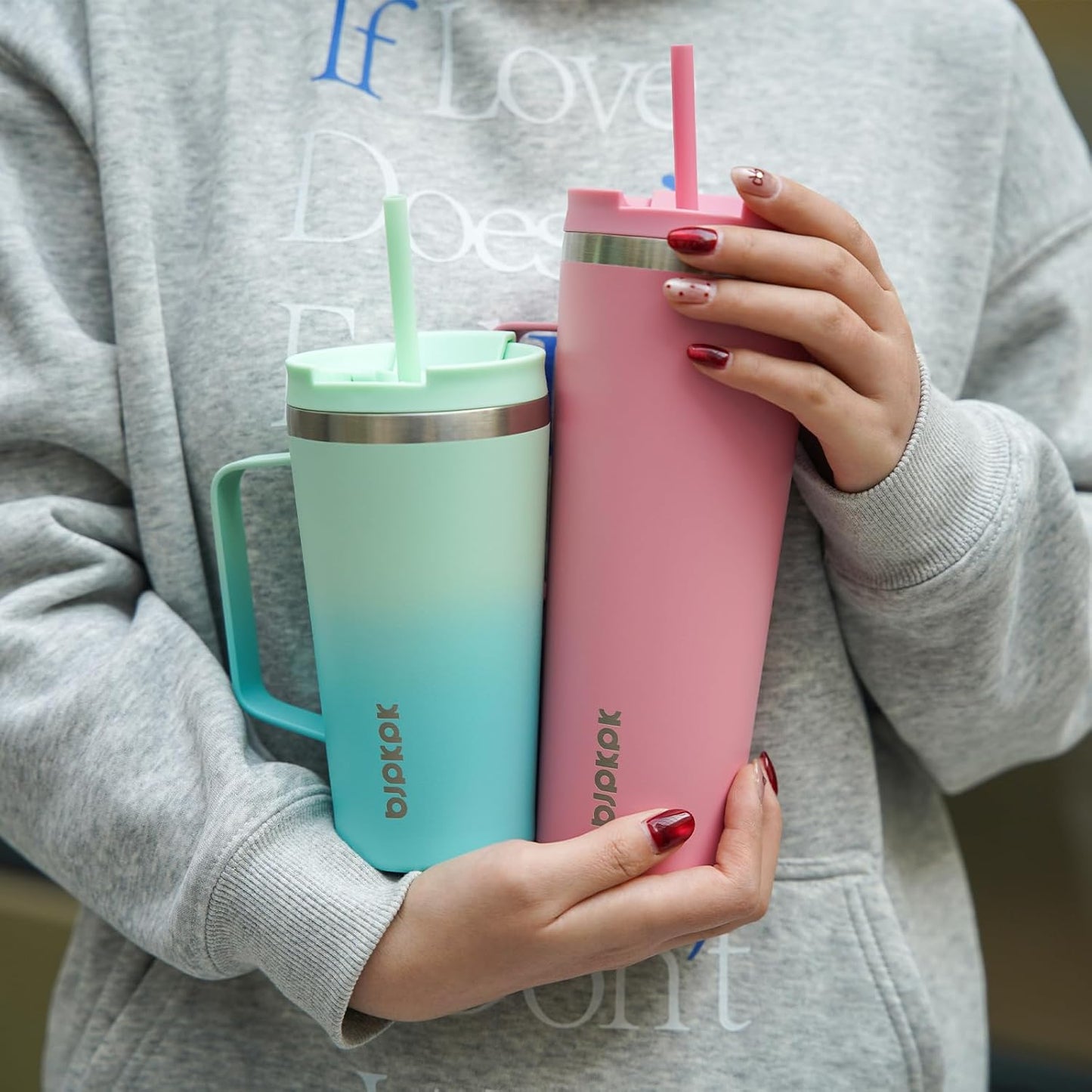 BJPKPK Insulated Tumbler with Handle, 26oz Insulated Tumblers with Lid and Straw, Stainless Steel Metal Water Bottles, Coffee Travel Mugs, Cups, Light Pink
