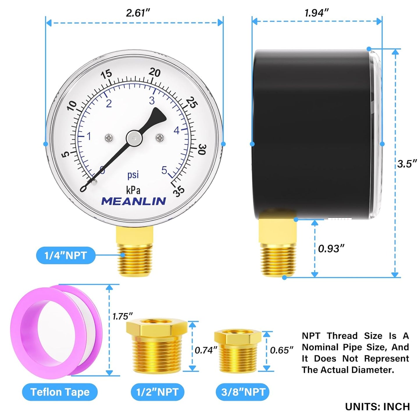 MEANLIN MEASURE 0-5Psi Diaphragm Type Capsule Low-Pressure Gauge, Water Column Gauge, 2.6" Dial, 1/4" NPT, Rear Adjustable Knob, with 1/2" NPT and 3/8" NPT Hex Bushing, Lower Mount