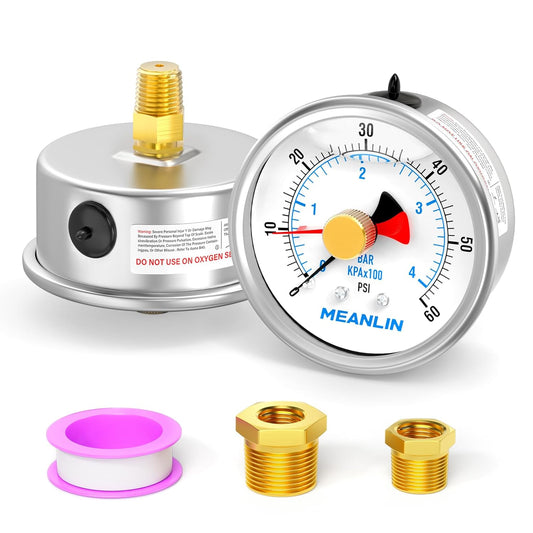 MEANLIN MEASURE 0~60Psi Stainless Steel 1/4" NPT 2.5" FACE DIAL with Reset Pointer Liquid Filled Pressure Gauge WOG Water Oil Air, Back Mount, with Brass Hex Bushing
