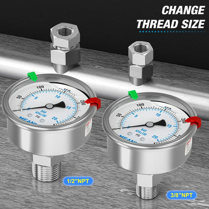 MEANLIN MEASURE 0~300Psi Stainless Steel Liquid Filled Pressure Gauge 2.5" FACE DIAL 1/4" NPT for Air Compressor Air Regulator Water Filter Back Mount with Stainless Steel Hex Bushing and Snaps