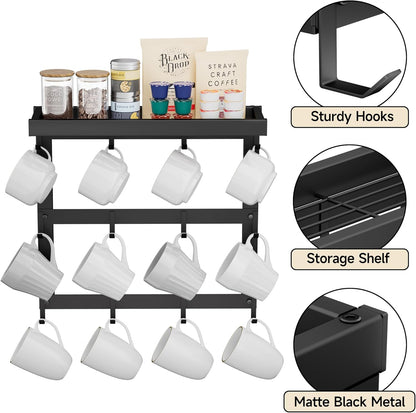 Coffee Mug Rack Wall Mounted, Rustic Metal Mug Holder Organizer with 12 Hooks and Top Shelf Cup Storage Rack for Home Kitchen Coffee Bar Station Mug Display and Collection
