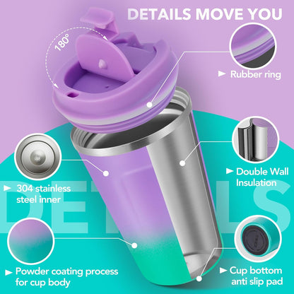 Volhoply 12 oz Double Wall Insulated Vacuum Travel Coffee Mug with Flip Lid Bulk 4 Pack,Reusable Stainless Steel Leak Proof Coffee Cup,Portable Thermal Tumbler for Hot&Cold Drinks(Purple Green,4 Set)